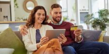Pinterest graphic showing a smiling couple shopping online with a tablet and credit card, with the headline “How Customers Actually Decide to Buy Today” and TechHelp.ca at the bottom