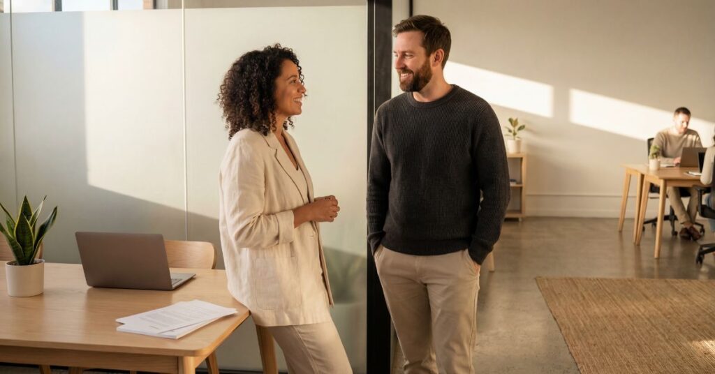 Two coworkers smiling and talking in a bright modern office beside a desk with a laptop and papers, while another person works in the background.