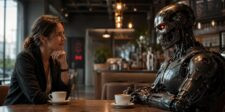 Woman having coffee with a humanoid AI robot in a modern café