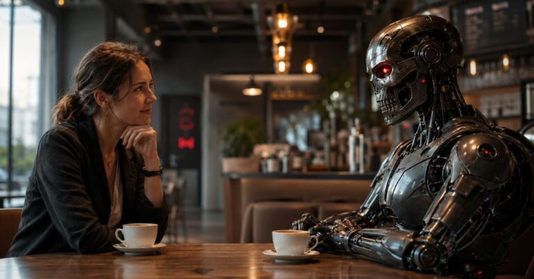 Woman having coffee with a humanoid AI robot in a modern café