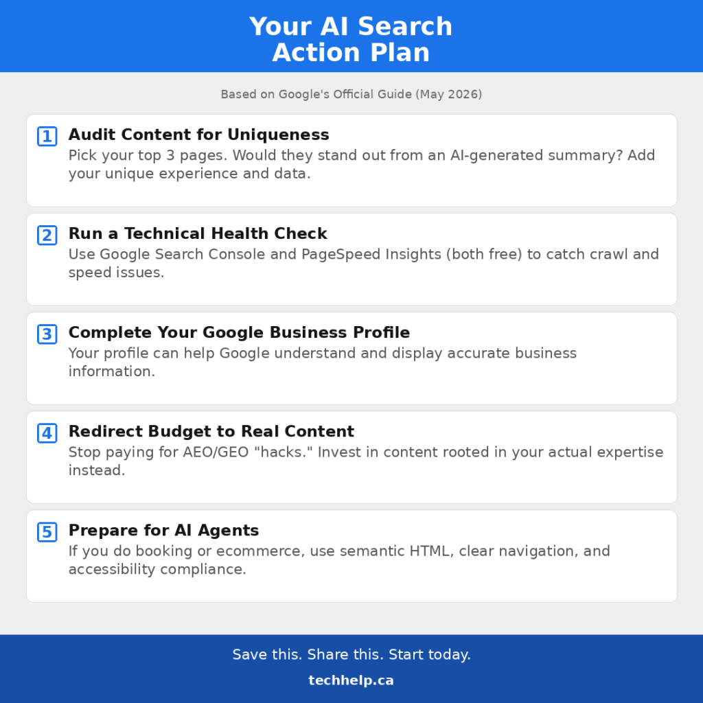 Myth versus reality graphic showing AI search SEO tactics to skip, such as llms.txt files and fake mentions, compared with tactics Google recommends, such as unique content and strong SEO fundamentals.
