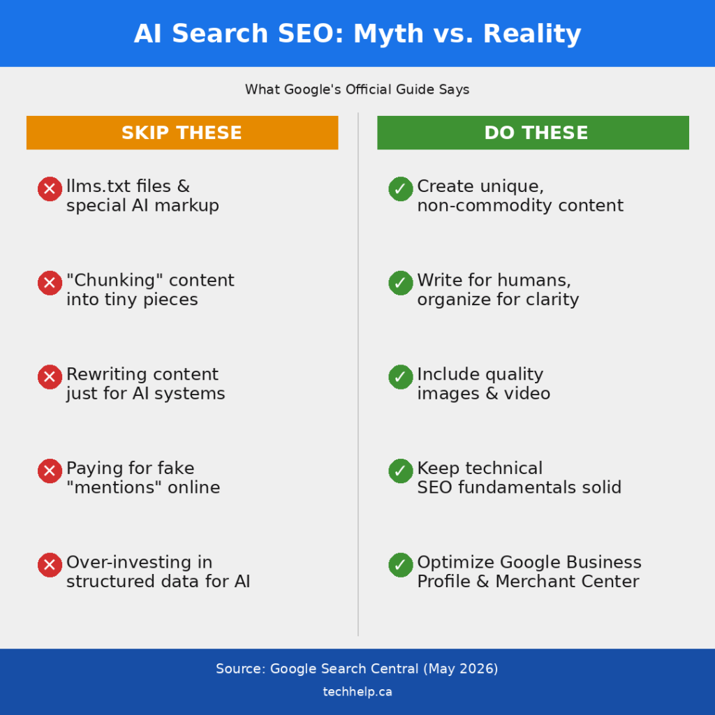 Checklist showing five AI search action steps: audit content, check technical SEO, complete Google Business Profile, invest in real content, and prepare for AI agents.
