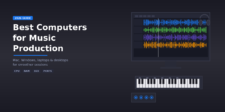 Featured graphic for a 2026 guide to the best computers for music production, showing a dark studio-style layout with audio tracks, a keyboard, and CPU, RAM, SSD, and ports labels.