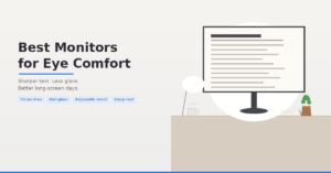 Best monitors for eye comfort graphic showing a desktop monitor with readability features like flicker-free, anti-glare, adjustable stand, and sharp text.