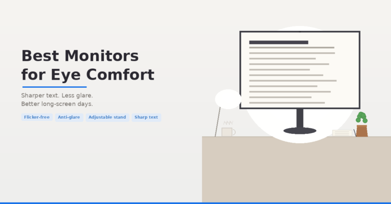 Best monitors for eye comfort graphic showing a desktop monitor with readability features like flicker-free, anti-glare, adjustable stand, and sharp text.