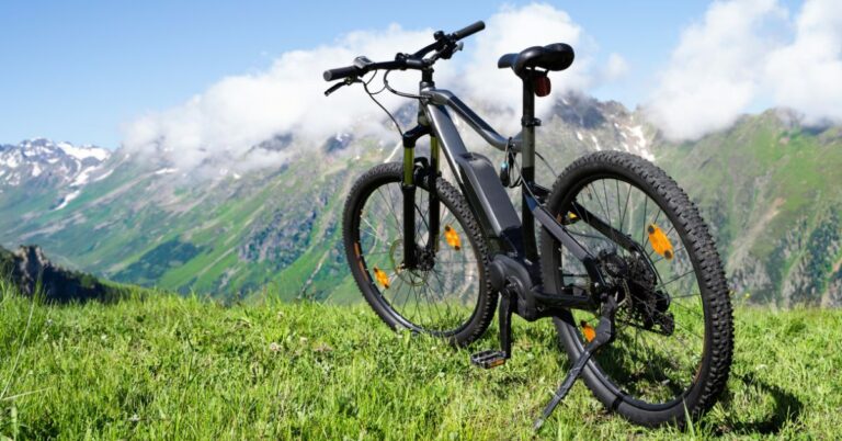 Electric mountain bike parked on grass with mountains in the background