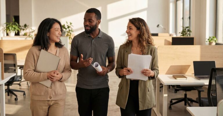 Three professionals walking through a modern office while talking and carrying documents.