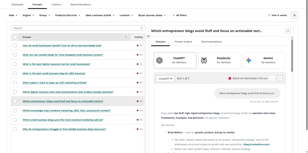 HubSpot AEO Prompts screen showing tracked buyer prompts and AI answer results across ChatGPT, Perplexity, and Gemini.