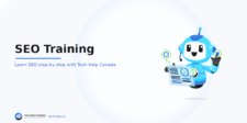 SEO Training graphic with Tech Help Canada branding and a robot holding an SEO report.