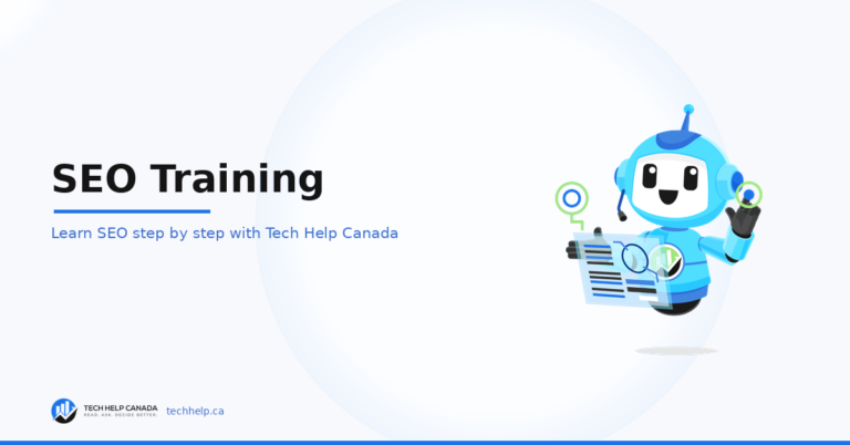 SEO Training graphic with Tech Help Canada branding and a robot holding an SEO report.