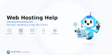 Web Hosting Help graphic from Tech Help Canada showing HelperX Bot with icons for domains, hosting, email, SSL, and WordPress