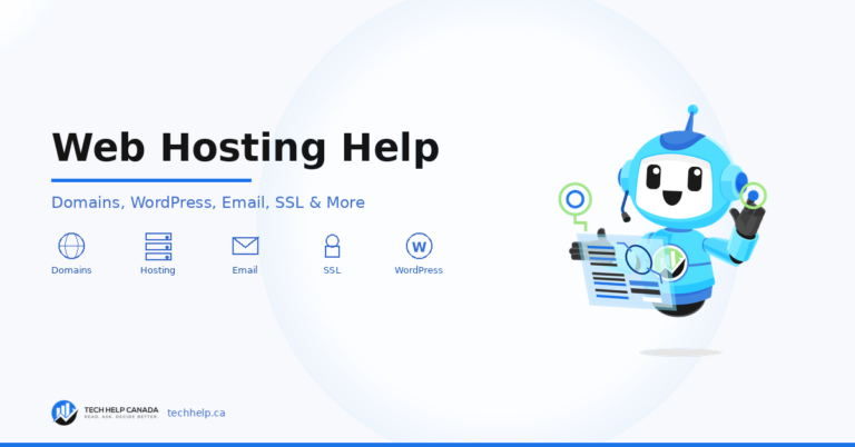 Web Hosting Help graphic from Tech Help Canada showing HelperX Bot with icons for domains, hosting, email, SSL, and WordPress