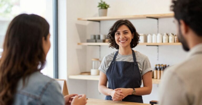 Alt text: Small business owner speaking with customers inside a bright retail shop.