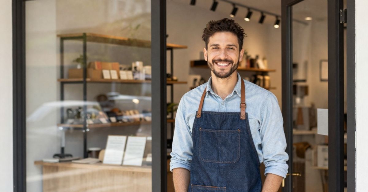Smiling small business owner standing in the doorway of a local storefront.