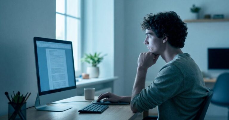 Person reviewing a document on a desktop computer in a quiet workspace.