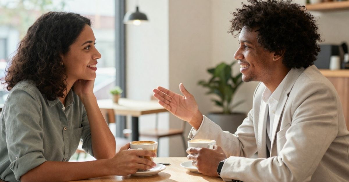 Two people smiling and talking over coffee in a café.