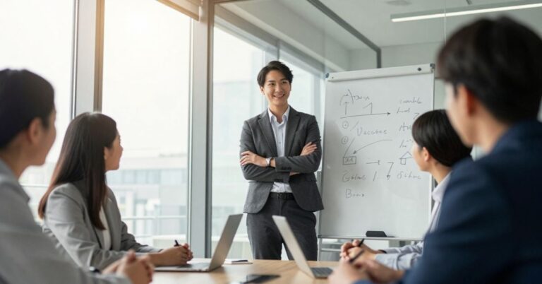 Business team in a modern office discussing a strategy on a whiteboard, representing AI ad planning and accountability.