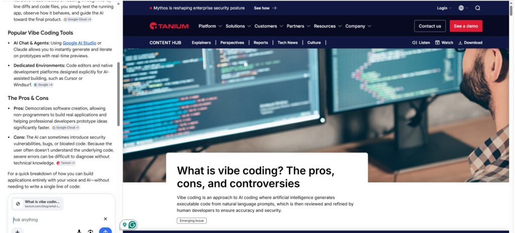 Screenshot showing Google’s AI answer panel beside a Tanium article titled “What is vibe coding? The pros, cons, and controversies.”