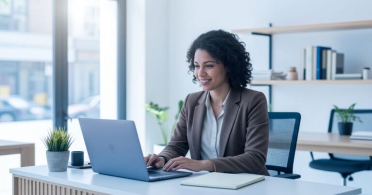 Business owner working on a laptop in a bright office while reviewing online information.