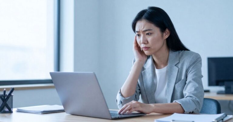 Woman in a gray blazer working on a laptop with a serious expression in a bright office setting.