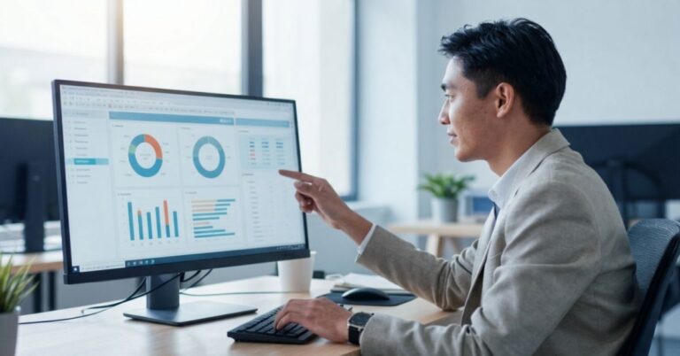 Business professional reviewing website performance dashboards on a large monitor in a modern office.