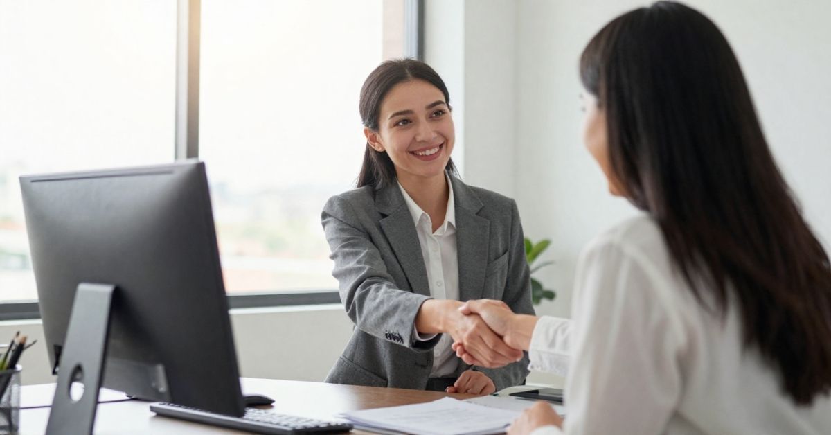 Recruiter shaking hands with a candidate during a job interview in a bright office.