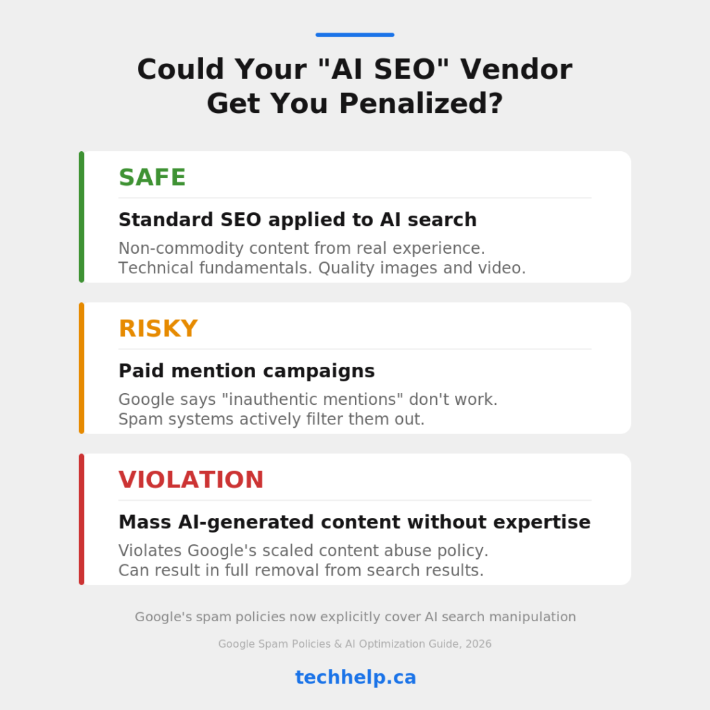 Light infographic asking whether an &ldquo;AI SEO&rdquo; vendor could get you penalized, with three stacked cards labeled safe, risky, and violation.