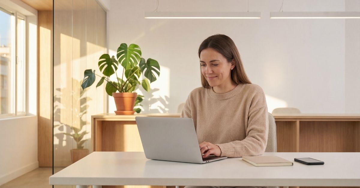 Woman working on a laptop in a bright, modern office with natural light, a notebook, phone, and potted plant nearby.