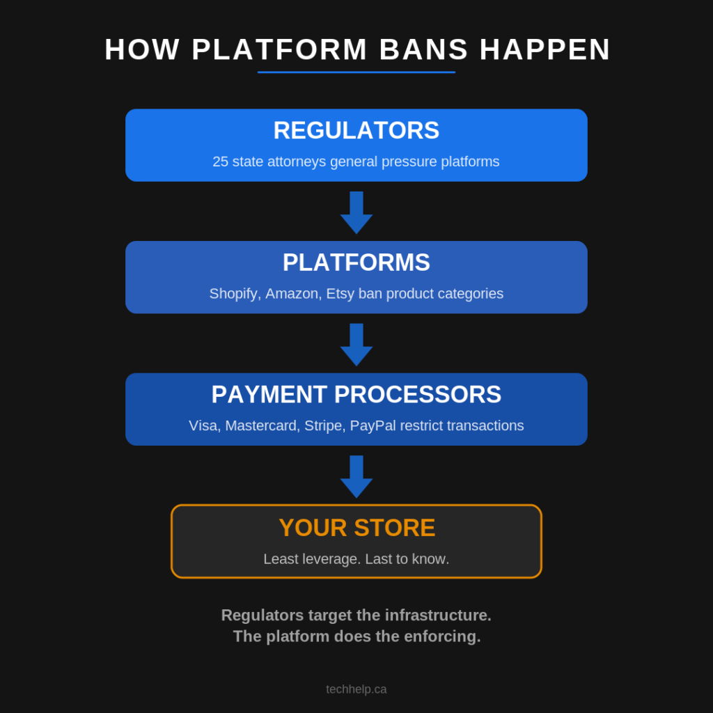 Infographic showing how platform bans happen, with regulators pressuring platforms, platforms banning product categories, payment processors restricting transactions, and store owners being affected last.