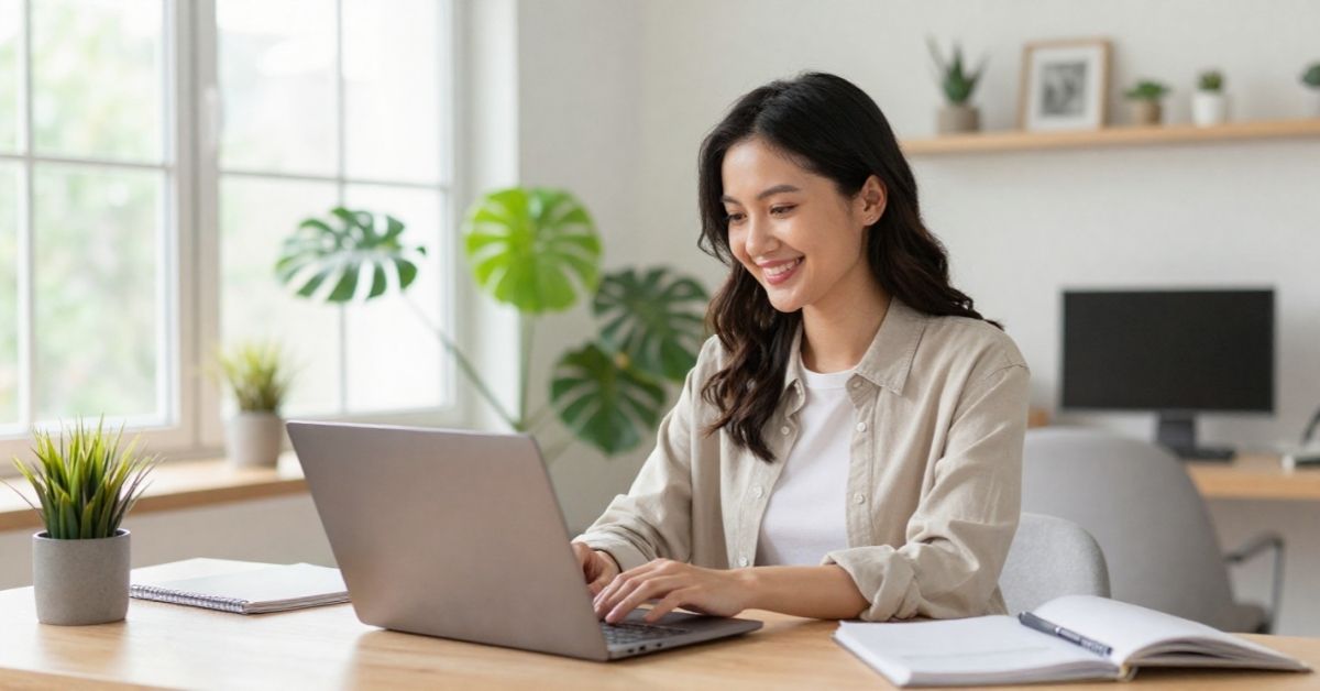 Woman smiling while working on a laptop in a bright home office.