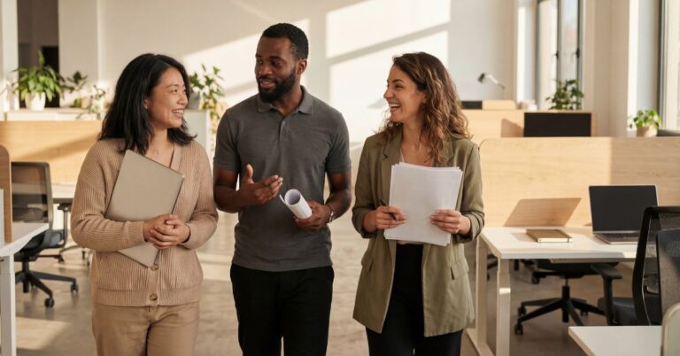 Three professionals walking through a bright modern office while talking and carrying documents.