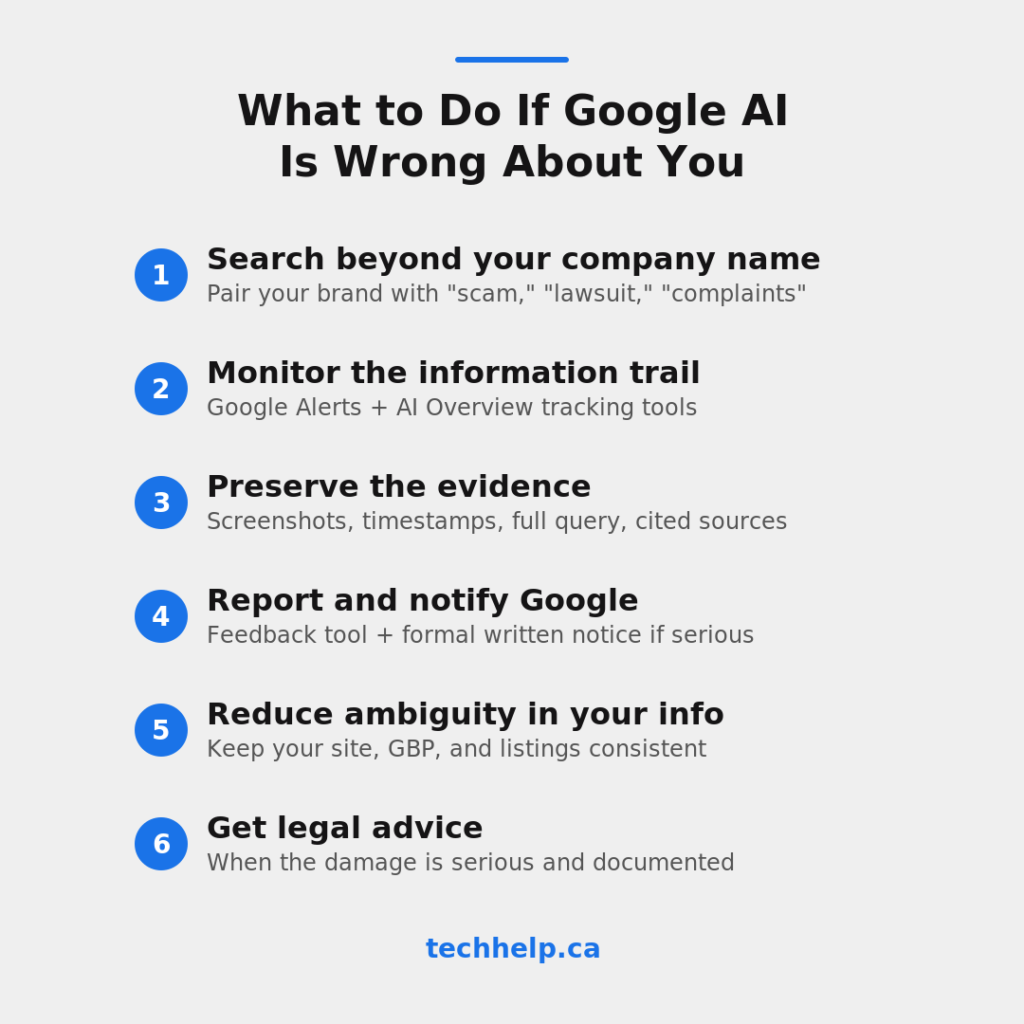 Checklist graphic outlining what to do if Google AI is wrong about you, including searching beyond your company name, monitoring the information trail, preserving evidence, reporting the issue, reducing ambiguity, and getting legal advice when needed.