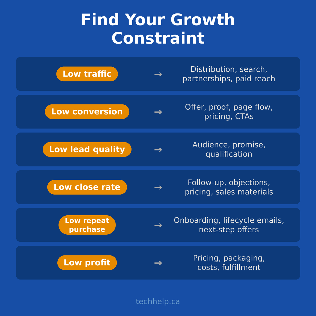 Growth constraint diagnostic mapping low traffic, conversion, lead quality, close rate, repeat purchase, and profit to the first areas to examine.