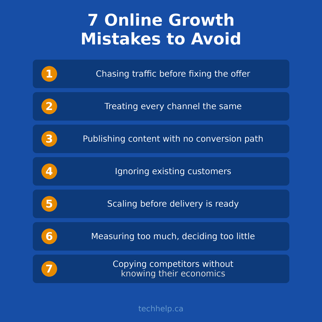 Graphic listing seven online growth mistakes: chasing traffic before fixing the offer, treating every channel the same, publishing without a conversion path, ignoring existing customers, scaling too early, measuring too much, and copying competitors without knowing their economics.