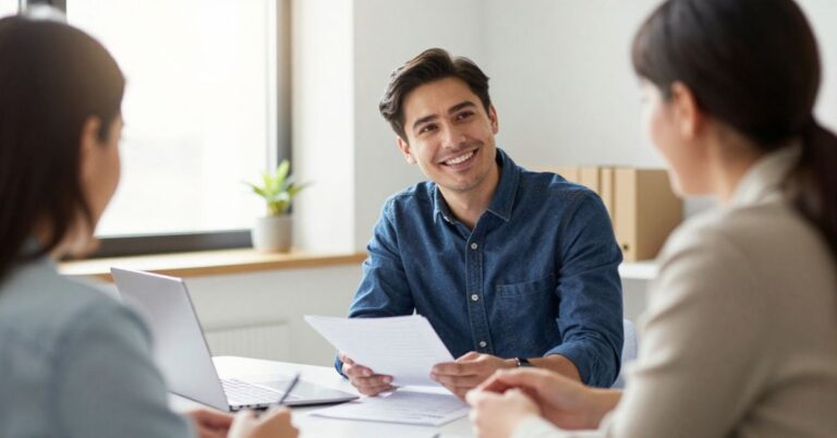 Smiling business owner reviewing documents during a meeting with two advisors in a bright office.