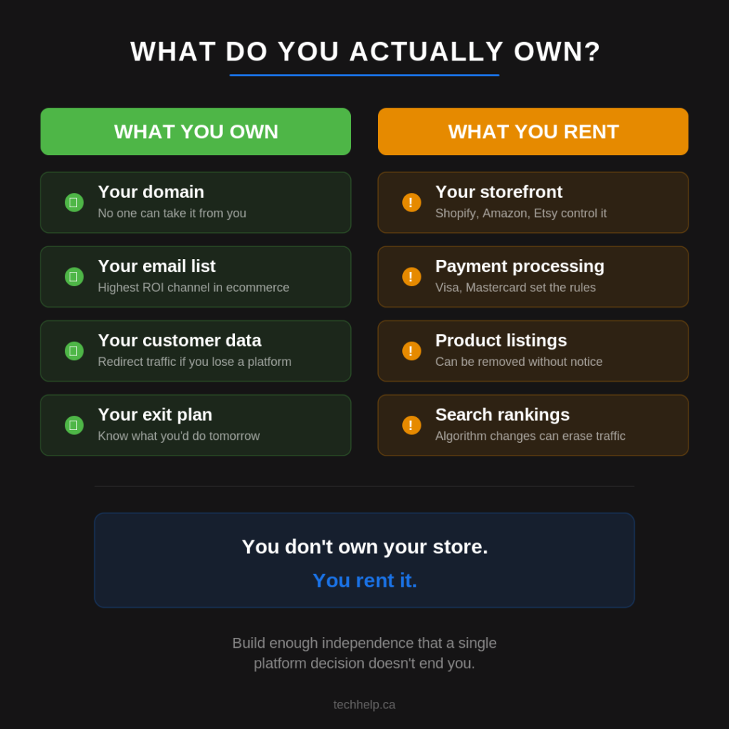 Infographic comparing what online sellers own versus what they rent, showing owned assets like a domain, email list, customer data, and exit plan alongside rented assets like storefronts, payment processing, product listings, and search rankings.