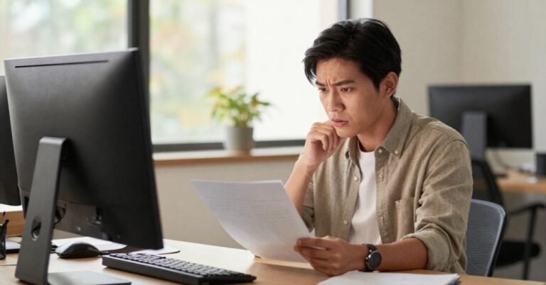 Man reviewing a document at his desk with a concerned expression, representing online sellers facing platform policy changes.