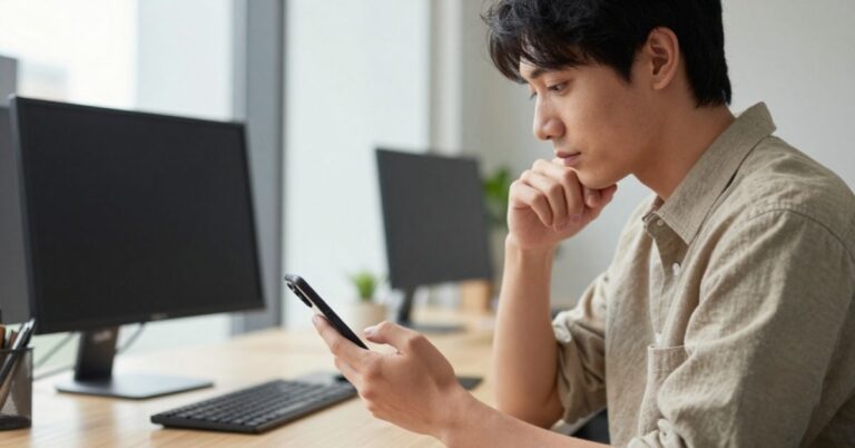 Man sitting at a desk and looking at his smartphone beside two computer monitors.