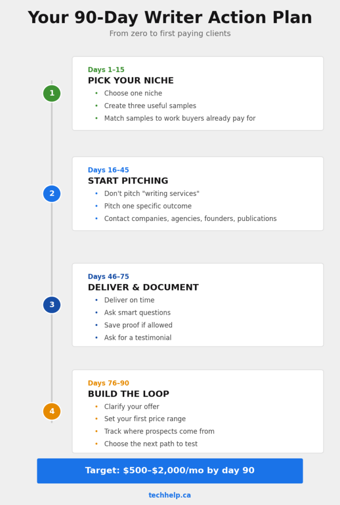 A 90-day action plan for becoming a paid writer, covering niche selection, pitching, delivery, and pipeline building.