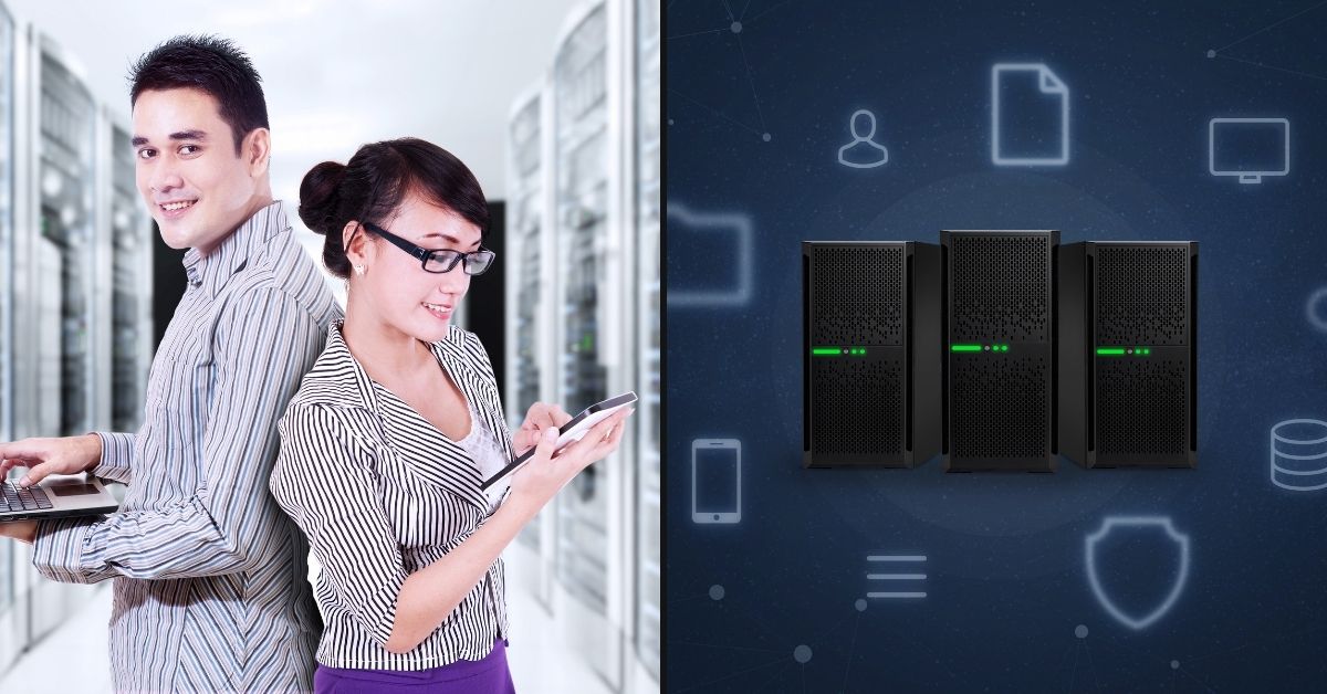Split image showing two IT professionals in a server room beside a graphic of server towers and cloud technology icons.