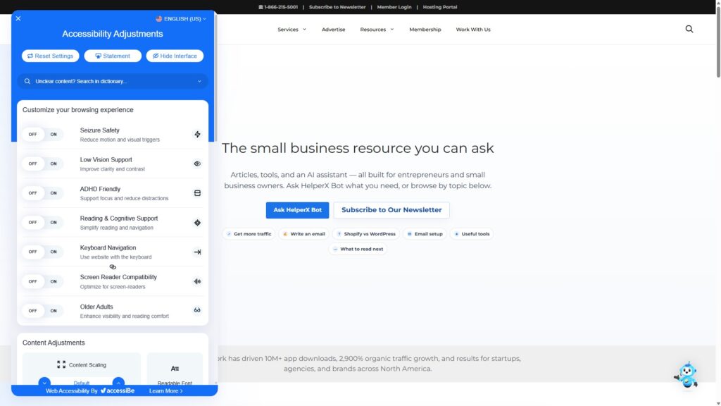 Screenshot of the Tech Help Canada homepage with the accessiBe accessibility adjustments panel open on the left side of the screen.