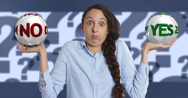 Woman looking uncertain while holding “yes” and “no” decision balls, representing a balanced review of whether accessiBe is worth using.