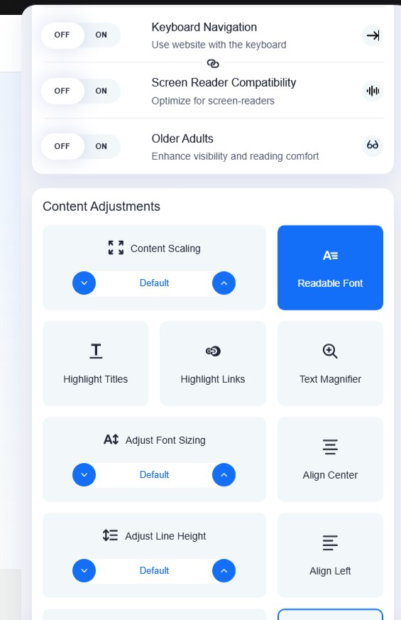 Screenshot of the accessiBe accessibility menu showing visitor controls for keyboard navigation, screen reader compatibility, older adult support, content scaling, readable font, title highlights, link highlights, text magnifier, font sizing, line height, and text alignment.