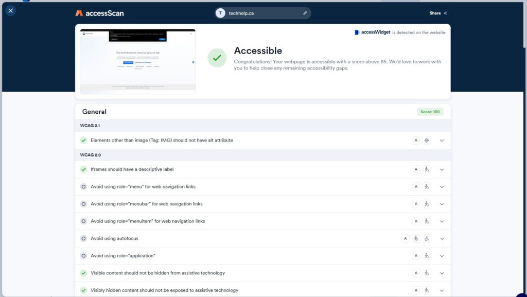 Screenshot of an accessScan report showing TechHelp.ca marked as accessible, with a score of 100 and several WCAG accessibility checks listed below.