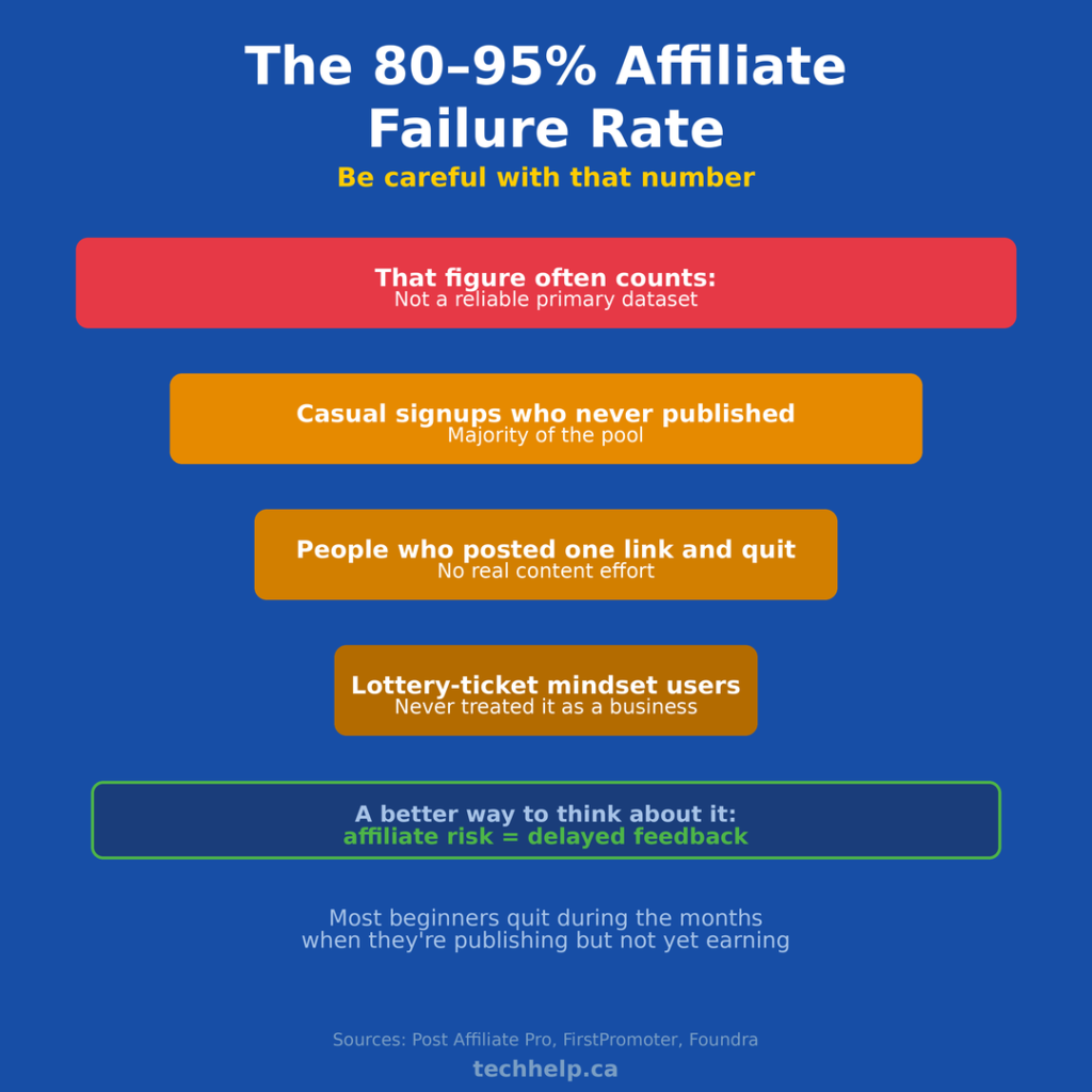 Funnel graphic breaking down the 80 to 95 percent affiliate failure rate, showing most of that number includes casual signups who never published or treated it as a business