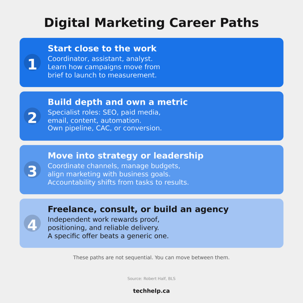 Graphic showing four digital marketing career paths: starting close to campaign work, building a specialty, moving into strategy or leadership, and freelancing, consulting, or building an agency.