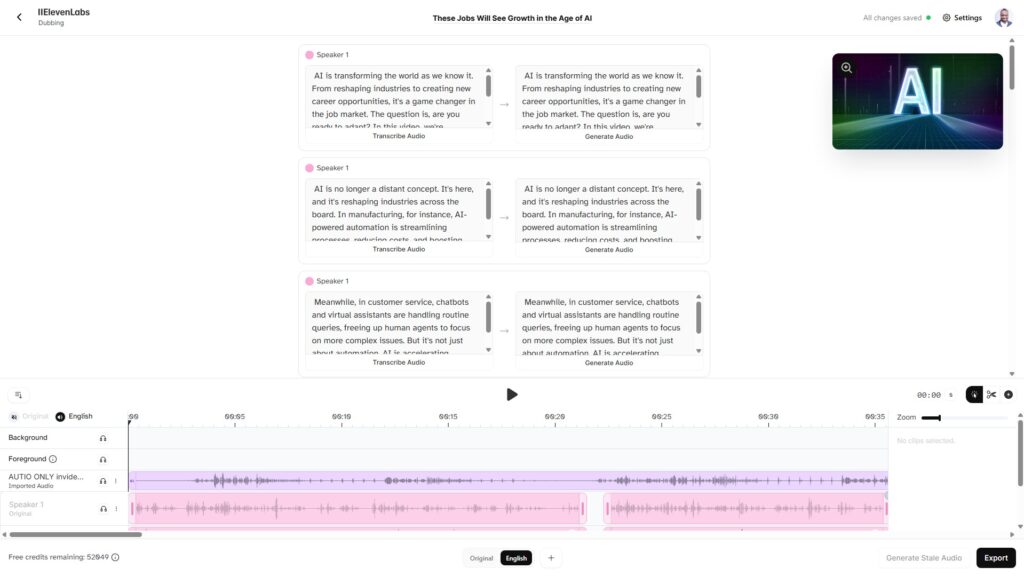 ElevenLabs dubbing editor showing a video project with transcript blocks, generated audio sections, a preview panel, and an audio timeline for reviewing and exporting dubbed content.