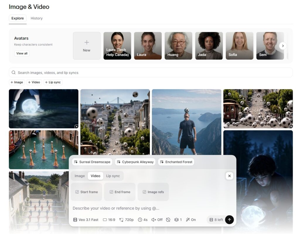 ElevenLabs Image & Video workspace showing avatar options, generated media examples, and a video creation panel for adding prompts, start frames, end frames, and image references.