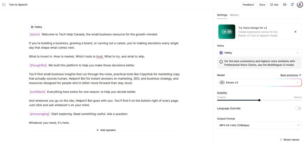 ElevenLabs text-to-speech editor screenshot showing a script being prepared with voice settings, model selection, stability controls, and output format options.