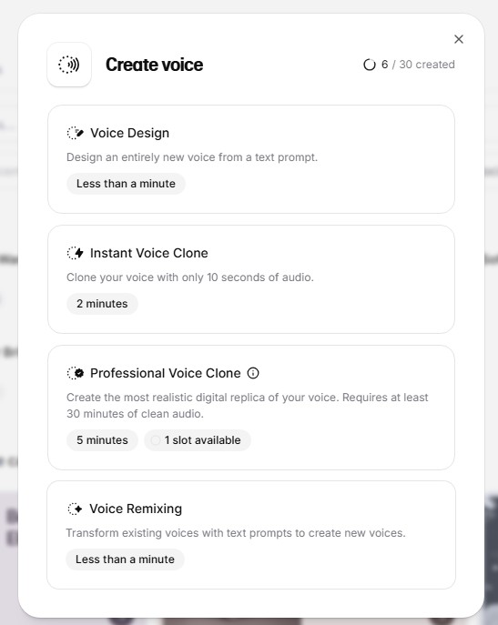 ElevenLabs create voice menu showing options for Voice Design, Instant Voice Clone, Professional Voice Clone, and Voice Remixing, with creation times and voice slot availability.